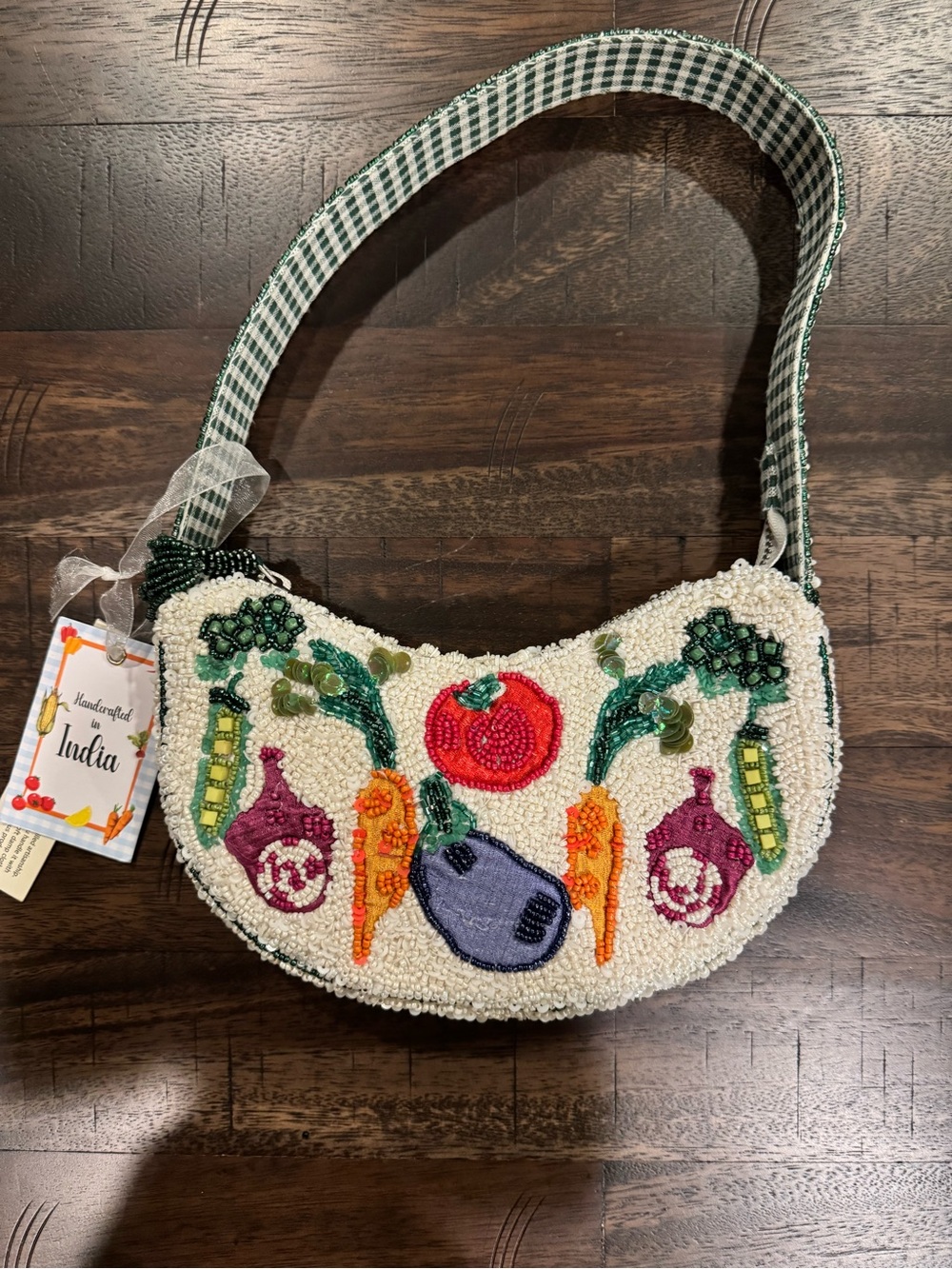 Handcrafted in India Beaded Vegetables Shoulder Bag - Green White